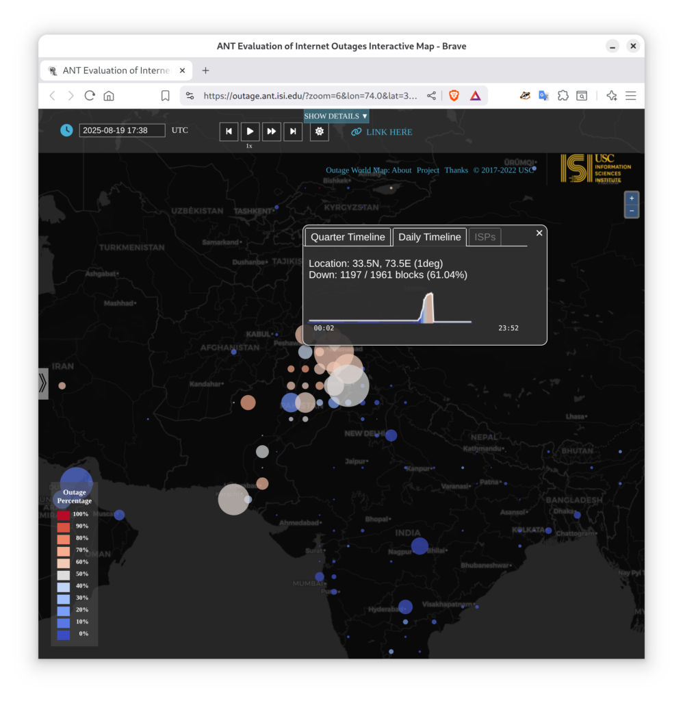 Internet outages across Pakistan, shown here at 2025-08-19t17:38Z.